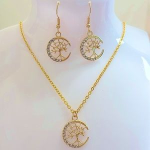 Rhinestone gold plated chain tree of life charm necklace earring set